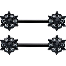 Load image into Gallery viewer, 14G 9/16 Clear CZ Gem Black Abstract Sun Barbell Nipple Ring Set