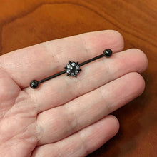 Load image into Gallery viewer, 14G Clear CZ Gem Black Abstract Sun Industrial Barbell 38mm