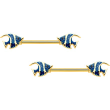 Load image into Gallery viewer, 14G 9/16 Gold Tone Blue Stripe Adorable Angelfish Nipple Ring Set