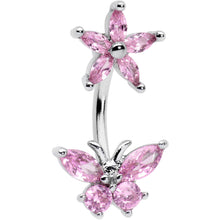Load image into Gallery viewer, Pink CZ Gem Flower Butterfly Double Mount Belly Ring