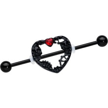 Load image into Gallery viewer, 14G Red Gem Black Heart Steampunk Skeleton Industrial Barbell 38mm
