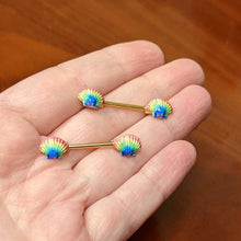 Load image into Gallery viewer, 14G 5/8 Gold Tone Rainbow Scallop Shells Barbell Nipple Ring Set