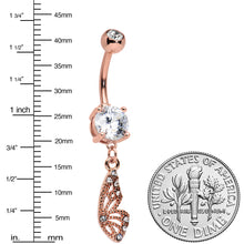 Load image into Gallery viewer, Clear Gem Rose Gold Tone Textured Butterfly Wing Dangle Belly Ring