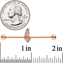 Load image into Gallery viewer, 14G Clear Gem Rose Gold Tone Texture Wing Industrial Barbell 38mm