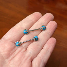 Load image into Gallery viewer, 14G 5/8 Blue Turquoise Skeleton Hand Halloween Nipple Ring Set