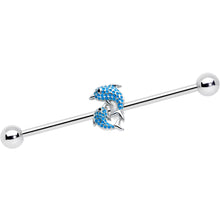 将图片加载到图库查看器,14G Black Gem Leaping Blue Dolphins Industrial Barbell 38mm