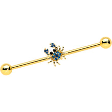 Load image into Gallery viewer, 14G Blue Gem Gold Tone Blue Crab Nautical Industrial Barbell 38mm