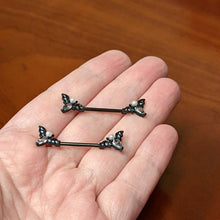 Load image into Gallery viewer, 14G 5/8 Clear Gem Black Flying Bats Halloween Nipple Ring Set