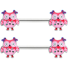 Load image into Gallery viewer, 14G 9/16 Bow Pink Heart Owls Barbell Nipple Ring Set