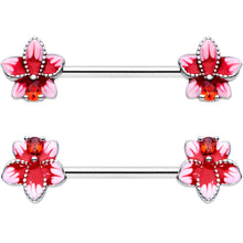 Load image into Gallery viewer, 14G 9/16 Red Gem Tropical Flower Barbell Nipple Ring Set