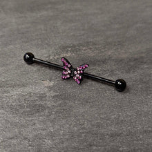Load image into Gallery viewer, 14G Pink Gem Black Midnight Butterfly Industrial Barbell 38mm