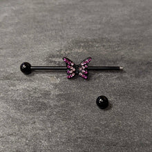 Load image into Gallery viewer, 14G Pink Gem Black Midnight Butterfly Industrial Barbell 38mm