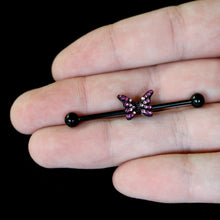 Load image into Gallery viewer, 14G Pink Gem Black Midnight Butterfly Industrial Barbell 38mm