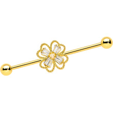 将图片加载到图库查看器,14G Clear Gem Gold Tone Textured Cross Industrial Barbell 38mm