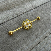 将图片加载到图库查看器,14G Clear Gem Gold Tone Textured Cross Industrial Barbell 38mm
