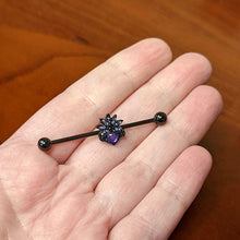Load image into Gallery viewer, 14G Purple Gem Black Skull Blossom Heart Industrial Barbell 38mm