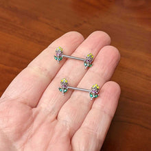 将图片加载到图库查看器,14G 9/16 Green Pink Gem Mardi Gras Flower Barbell Nipple Ring Set