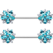 Load image into Gallery viewer, 14G 9/16 Blue CZ Gem Floral Burst Barbell Nipple Ring Set