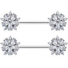 Load image into Gallery viewer, 14G 9/16 Clear CZ Gem Floral Burst Barbell Nipple Ring Set