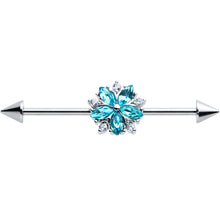 Load image into Gallery viewer, 14G Blue CZ Gem Floral Baroque Burst Cone Industrial Barbell 38mm