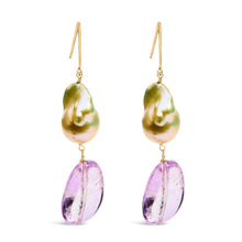 Load image into Gallery viewer, 14K Yellow Gold Amethyst and Baroque Pearl Drop and Dangle Earrings 2" Inch Dangle Length