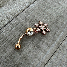 Load image into Gallery viewer, Clear Gem Rose Gold Tone Square Snowflake Holiday Dangle Belly Ring