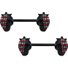 Load image into Gallery viewer, 14G 9/16 Red Gem Black Skull Halloween Barbell Nipple Ring Set