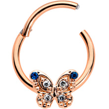 Load image into Gallery viewer, 16G 3/8 Blue Gem Rose Gold Tone Butterfly Hinged Segment Ring