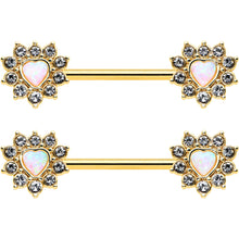 Load image into Gallery viewer, 14G 9/16 White Synthetic Opal Gold Tone Sun Heart Nipple Ring Set