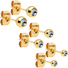 Load image into Gallery viewer, 3mm 4mm 5mm Clear Gem Gold Tone Ball 316L Steel Stud Earrings 3 Pack