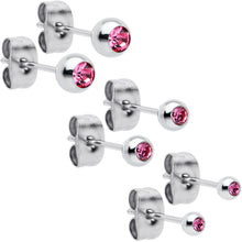 Load image into Gallery viewer, Pink Gem 3mm to 5mm Ball End Stud Earrings Set of 3