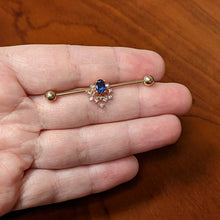 Load image into Gallery viewer, 14G Blue Gem Rose Gold Tone Glamour Flare Industrial Barbell 38mm