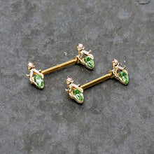 Load image into Gallery viewer, 14G 9/16 Green Gem Gold Hue Spring Shades Barbell Nipple Ring Set