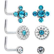 Load image into Gallery viewer, 20G 1/4 Aurora Blue CZ Gem Flower L Shape Nose Ring Set of 6