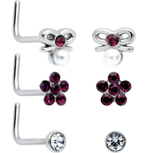 Load image into Gallery viewer, 20G 1/4 Aurora Purple CZ Gem Flower Bow L Shape Nose Ring Set of 6