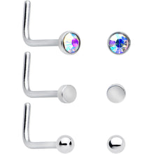Load image into Gallery viewer, 20G 1/4 Aurora Purple CZ Gem Flower Bow L Shape Nose Ring Set of 6