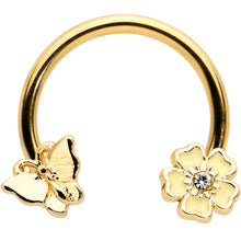 Load image into Gallery viewer, 16G 3/8 Clear Gem Gold Tone Butterfly Angular Flower Horseshoe