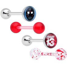 Load image into Gallery viewer, Licensed Friday the 13th Mask Splatter Barbell Tongue Ring Set of 4