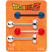 Load image into Gallery viewer, Licensed Dragonball Z Blue Red Star Kanji Barbell Tongue Ring Set of 4