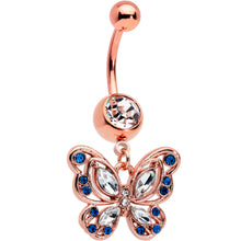 Load image into Gallery viewer, Blue Clear Gem Rose Gold Tone Butterfly Wings Dangle Belly Ring