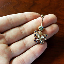Load image into Gallery viewer, Blue Clear Gem Rose Gold Tone Butterfly Wings Dangle Belly Ring