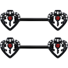 Load image into Gallery viewer, 14G 9/16 Red Clear Gem Black Key Heart Barbell Nipple Ring Set
