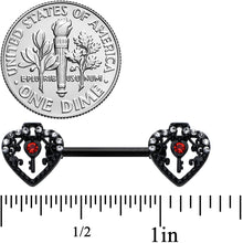 Load image into Gallery viewer, 14G 9/16 Red Clear Gem Black Key Heart Barbell Nipple Ring Set
