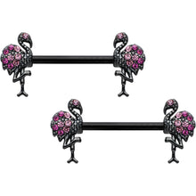 Load image into Gallery viewer, 14G 9/16 Pink Gem Black Fashion Flamingo Barbell Nipple Ring Set