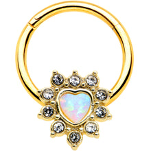 Load image into Gallery viewer, 16G 3/8 White Faux Opal Gold Tone Sun Heart Hinged Segment Ring