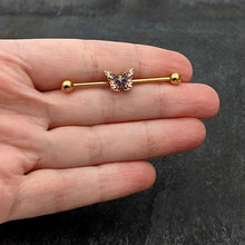 Load image into Gallery viewer, 14G Gold Tone Red Blue Pink Butterfly Industrial Barbell 38mm