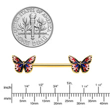 Load image into Gallery viewer, 14G 5/8 Gold Tone Pink Blue Red Butterfly Barbell Nipple Ring Set