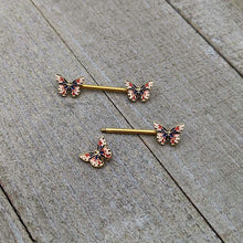Load image into Gallery viewer, 14G 5/8 Gold Tone Pink Blue Red Butterfly Barbell Nipple Ring Set