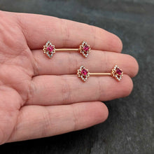 Load image into Gallery viewer, 14G 9/16 Red Gem Rosy Tone Octogram Star Barbell Nipple Ring Set