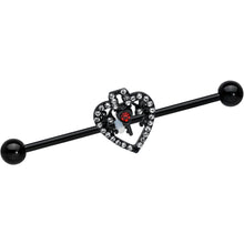 Load image into Gallery viewer, 14G Clear Red Gem Black Key Heart Industrial Barbell 38mm